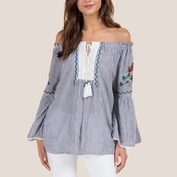 Francesca’s Blue & White Striped Embroidered Off The Shoulder Top - Picture 1 of 9
